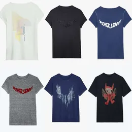 Zadig Voltaire 24SS Kadın Tasarımcı Pamuklu Tişört Gevşek Geri Blok Geometrik Grafik Mektup Baskı U Yağ Kısa Kollu Yaz T-Shirt Üstü Kırıştırma Tees ZV