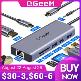 MacBook Pro Air HDMI VGA Mikro SD Kart Okuyucuları RJ45 AUX PD OTG Multi USB HUB Tip C 3.0 adaptör için Hubs Qgeem USB C HUB Defter için