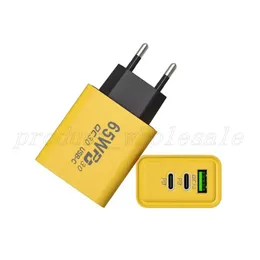 Caricatore USB da 65 W 3 Porte PD 3.0 Tipo C Caricatore giallo Caricatore Giallo CARICARE QC3.0 Caricatore a parete per telefono cellulare per iPhone Samsung Xiaomi Universal Smartphone