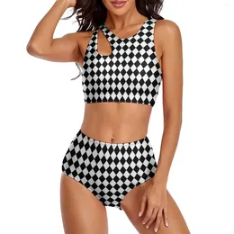 Frauen Badebekleidung sexy Retro Plaid Bikini Bikini Badeanzug Schwarz und Weiß Checks Neuheit Hochtailel Bikinis Set Feminin geschnitten