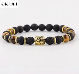 oiquei New Fashion Men039s Strand Bracetes Lava Rock and Natural Tiger Eye Stone and Lava Buddha Head Bead Charm Bracelets GIF6557096