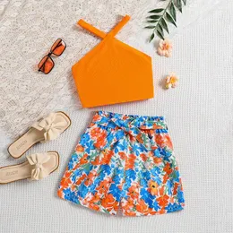 Kläderuppsättningar 2024 Summer Child Clothes Hlater Orange Topps Tryck Floral Shorts 2 Piece Designer Girls 8-12T