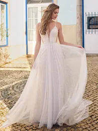 Modern Beach Pearls Wedding Dresses Spaghetti Straps Garden Bridal Dress Custom Made Designs Plus Size Boho Brides Gowns for Women
