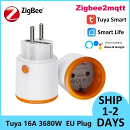 Kontrollera Tuya Smart Home Zigbee 3.0 ZigBee2MQTT 16A EU 3680W Power Meter Plug Energy Monitoring Timer Fjärrkontroll Alexa Google Outlet