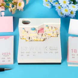 Omoshiroi Block 2024 Calendar 3D Notepad Santorini Art With Led Memo Pad Paper Notes Desk Decor Birthday Gift 240418