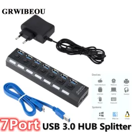 Hubs Grwibeou USB 3.0 HUB USB HUB 3.0 Utilizzare Adattatore di alimentazione Multi USB Slitter 7 Porta multipla 3 Hab Expander USB Hub con switch per PC