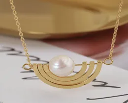 Real Gold Plated Half Moon Natural Pearl T Logo Pendant Necklace B Chian Brand9336146