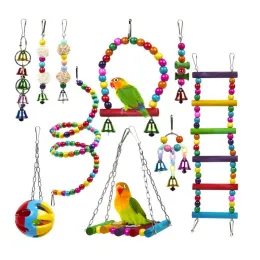 Brinquedos de brinquedos de brinquedos 10pcs para papagaios para papagaios de madeira balanço swing confiável e mastigável ponte de miçangas de madeira formam brinquedos de papagaio acessórios de pássaros