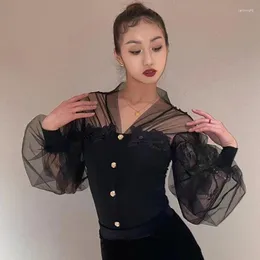 Sahne Giyim Peri Mesh Siyah Dantel Balo Salonu Dans Üstleri Kadın Performans Giysileri Vals Kostüm Yetişkin Rumba Latin Bodysuit Bl12222