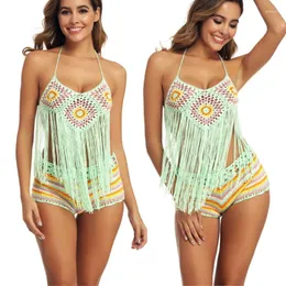 Moda de banho feminina 2pcs/conjunto 2024 crochê artesanal misturado colorido listra longa borla top backini lobs de biquíni up roupas de praia