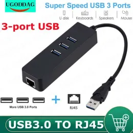 허브 USB3.0 10/100MBPS 이더넷 어댑터 3 포트 USB 3.0 허브 USB에서 RJ45 MacBook Mac Desktop 용 LAN 네트워크 카드