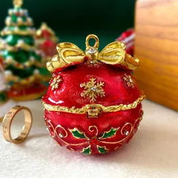 Decorative Figurines Hinged Xmas Jingle Bell Trinket Box With Crystals Hand-painted Jewelry Ring Holder Christmas Tree Hanging Decor Gift