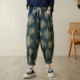 Women's Jeans 2024 Arrival Spring Vintage Print Design Cotton Denim Ankle-length Pants Elastic Waist Loose Harem Women S125