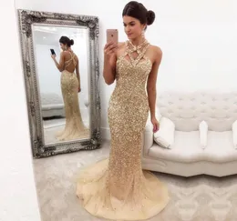 Luxury Gold Beaded Crystal Mermaid Prom Dresses 2017 Custom Made Evening Celebrity Gowns Sweep Train Unik halsringning ärmlös3522768