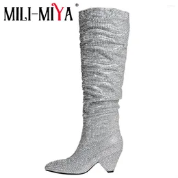 Stiefel mili-miya fashionspunkte Zehen Frauen Kristall Mikrofaser Knie hohe Schlupf auf dicke Absätze Bling Plus Size 35-43 Handgefertigt