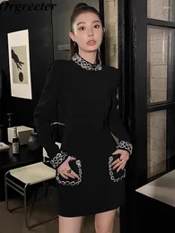 Повседневные платья Spring Fashion Fashion Vintage Black Short Women's Stand Colar Color Diamonds Luxury Party Платье элегантное mini