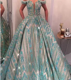 Vestidos de baile turquesa de renda fora do ombro de 2018 vestido de bola de bola feita com flores com bolso bling bling piso vestidos de noite 9652826