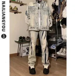 American Retro Graffiti Denim setzt Männer Frauen Frühling Herbst Anzug Loose High Street Hole Broken Cowboy Jacketjeans zweiteilige Set 240415