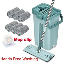 Touchless Mop Flat Flat Floor Wash Mops Bucket Magic Cleaner Self-Wring Squeeze Douse Housion Hushållen Rengöring Automatisk torkning 240418