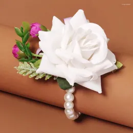 Decorative Flowers Wholesale Wedding Prom White Rose Artificial Silk Flower Bridal Bridesmaid Pearl Chain Bracelet Wrist Corsage For The