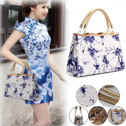 Drawstring Ladies Bags Fashion Women Leather Chinese Style Blue-White Porslin Casual Totes Handle Torebki Damskie Satchel