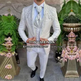 Ternos masculinos Floral de marfim para casamentos Cristais brilhantes de luxo Tuxedos Tuxedos personalizados Made 3 peças Man Blazer
