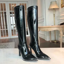 Boots 2024 Long's Long 9cm High Gray Glossy Pointed Toe Stiletto Stiletto-High Atrumn Winter Fashion Prosedile