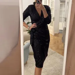 Autumn Sequin A Line Midi Dress With Long Sleeves, Draped Autumn Sequin A Line Midi Dress With Long Sleeves, Draped