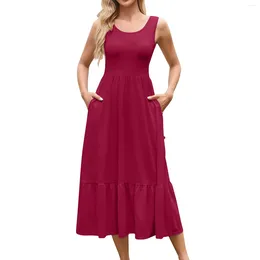 Vestidos casuais 2024 decote de cor quadrada de cor sólida feminina vestido de bolso sem mangas de mangas de mangas ropa de Mujer OFERTAS vestidos largos