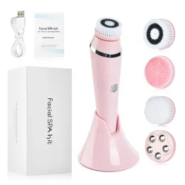 Skrubber Electric Facial Cleansing Brush med 4 huvuden Vattentät trådlös ansikte tvättborste för massage Exfoliate Spot Cleaner Skin Care