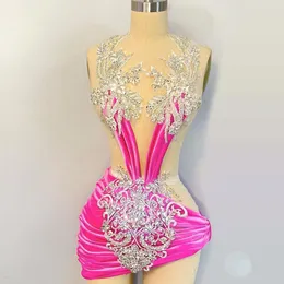 Sexy Hot Pink Birthday Outfits For Girls Sheer Neck Rhinestone Short Prom Dresses Cocktail Party Gowns Vestidos De Gala