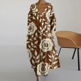 Lässige Kleider Frauen abstrakter Blumendruck Maxi Kleid Spring gegen Nacken Langsamen losen Herbstpocket Bohemian Resort Long Vestido