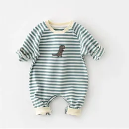 Milancel Bebek Giysileri Çizgili Pamuklu Boy Boy Tonpers Dinozor Nakış Toddler Tulum 240409