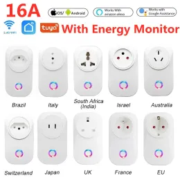 Заглушки 16A Tuya Wi -Fi Smart Plugc Eu Brazil Power Energy Monitor Socket Timming Voice Control Outlet для Alexa Yandex Alice Google Home