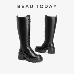 Boots Beautoday Long Women Женщины подлинная корова Кожа толстая подошва сплошная сада теплый боковой молния 2024 Winter Ladies обувь ручной работы 01553