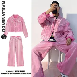 Korean Fashion Pink Denim Set Männer Frühling Herbst Feste Farbe Denim Coatjeans Unisex Y2K Kleidung Harajuku zweiteilige Sets 240412