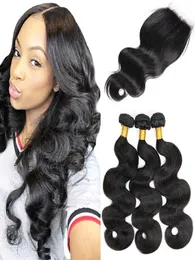 Body Wave 3 bundle con chiusura in pizzo Capelli virginici crudi Vergine non trasformati Weaves Brasiliani Black Black4519639