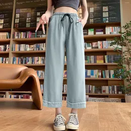 Calça de jeans feminina de perna reta com bainha algemada com cintura alta amarrar calça de tubo vertical solto calças finas de damas