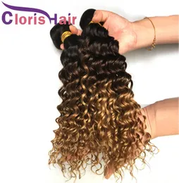 하이라이트 1B427 Deep Wave Real Human Hair Peruvian Virgin Curly Ombre Sew in Extensions 3 Tone Brown Blonde Colored Weaves 38965038