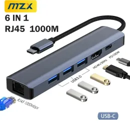 Hubs MZX 6 in 1 Dockingstation 1000 Mbit / s RJ45 Ethernet USB 3.0 Hub Typ C 4K Hdmicompatible 3 0 Konzentratoradapter Splitter Dock