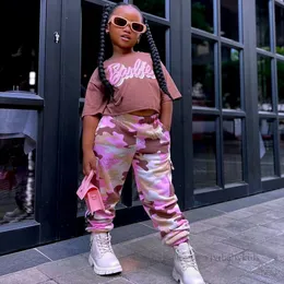 INS Children clothes sets girls letter printed short sleeve T-shirt camouflage elastic ribs ankler pants 2pcs summer kids casual outfits Z7792