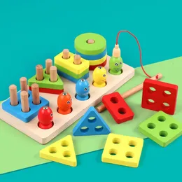 Montessori Wooden Fishing Clip Bee 3 In 1 Pillars Early Education Hand Eye Coordination Color Recognition Interactive Baby Toys 240407