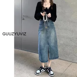 Röcke Guuzyuviz Vintage Blue Denim Long High Taille Split eine Linie Frauen Rock Jean für Damen