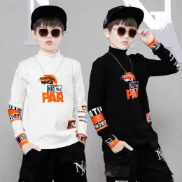 Camisetas outono garotos garotos tshirts algodão adolescente adolescente de meia-colarinho de colarinho comprido camisas de fundo coreanas