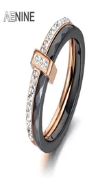 AENINE 2 Layers BlackWhite Ceramic Crystal Wedding Rings Jewelry For Women Girls Rose Gold Stainless Steel Engagement AR180547817891