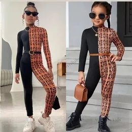 INS Girls letter printed tight overall kids patchwork color long sleeve jumpsuits 2024 spring children casual clothes Z7793