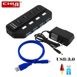 Hubs Chyi 4 Port USB 3.0 Hub Multi in One Combo Mini USB3.0 Splitter mit Au/EU/US/UK -Stromadapter -Ladegerät Hochgeschwindigkeit PC -Zubehör