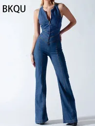 Bkqu sırtsız kalp kesimi bodycon kadınlar için tulum yaz mavisi kolsuz ince kıyafetler retro denim tulumları 240409