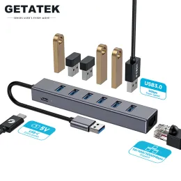 Hubs Getatek 6 Ports USB 3.0 HUB 5Gbps High Speed ​​Type C 5V Extra Power RJ45 Ethernet Adapter för PC Computer Accessories MacBook Pro