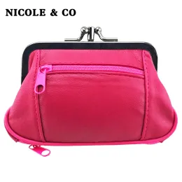 Purses Nicole Co Original New Women Mini Coin Purse Kvinnlig äkta läder Sheepskin Metal Hasp Byt påse Kort blixtlås Small Plånbok